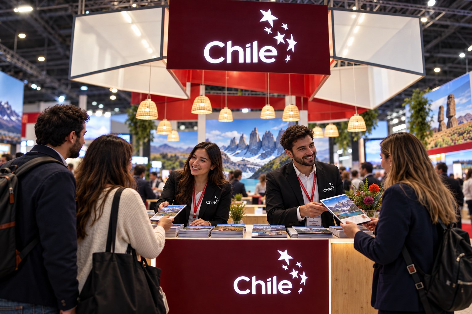 Promoción turística de Chile con entrega de folletos en un stand