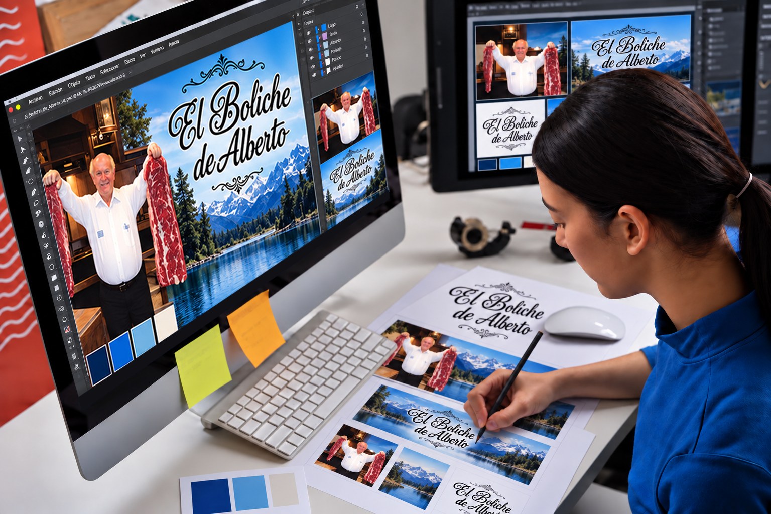 Diseñadora trabajando en la identidad visual de El Boliche de Alberto