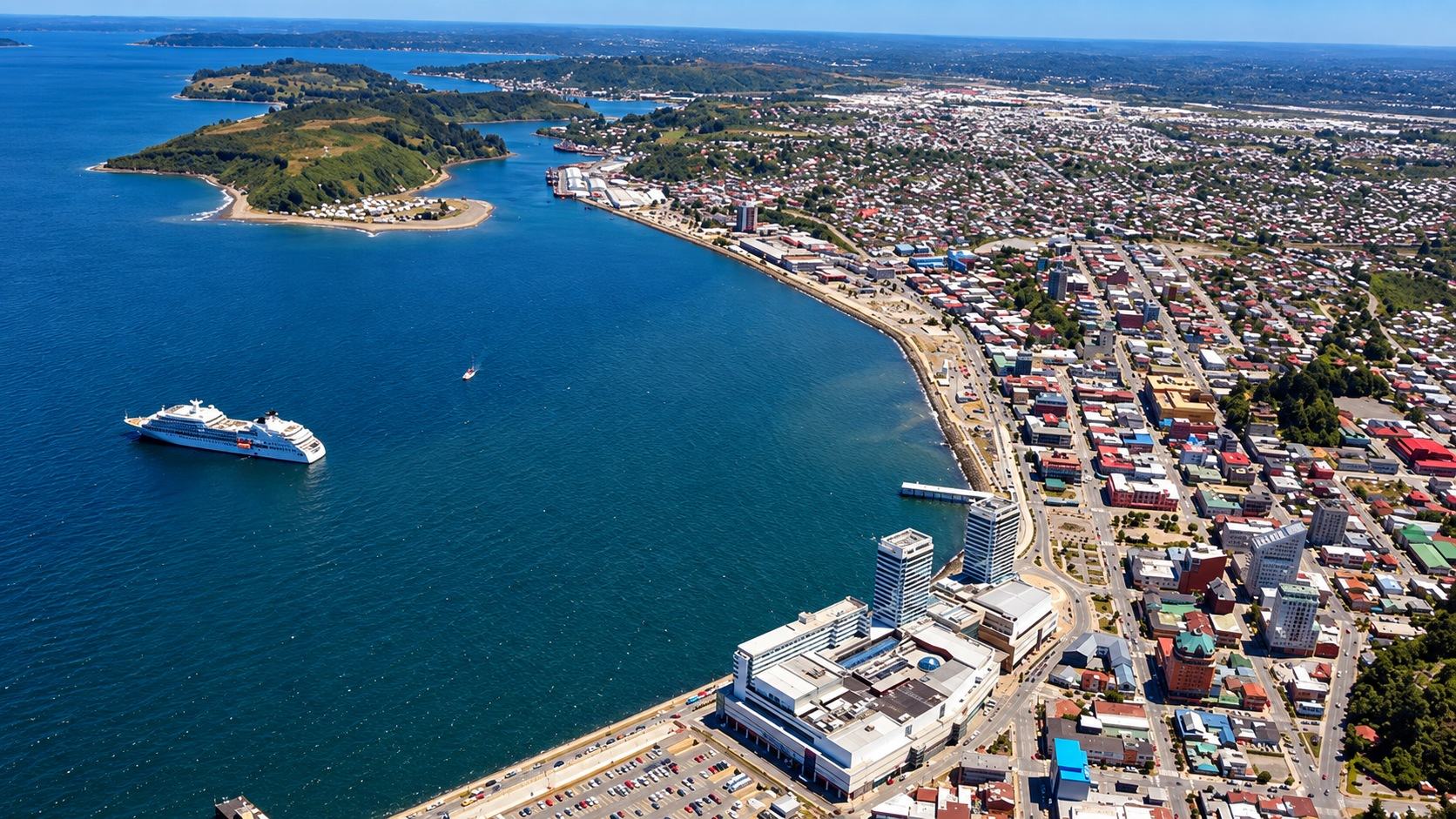 Vista aérea de Puerto Montt y su costanera