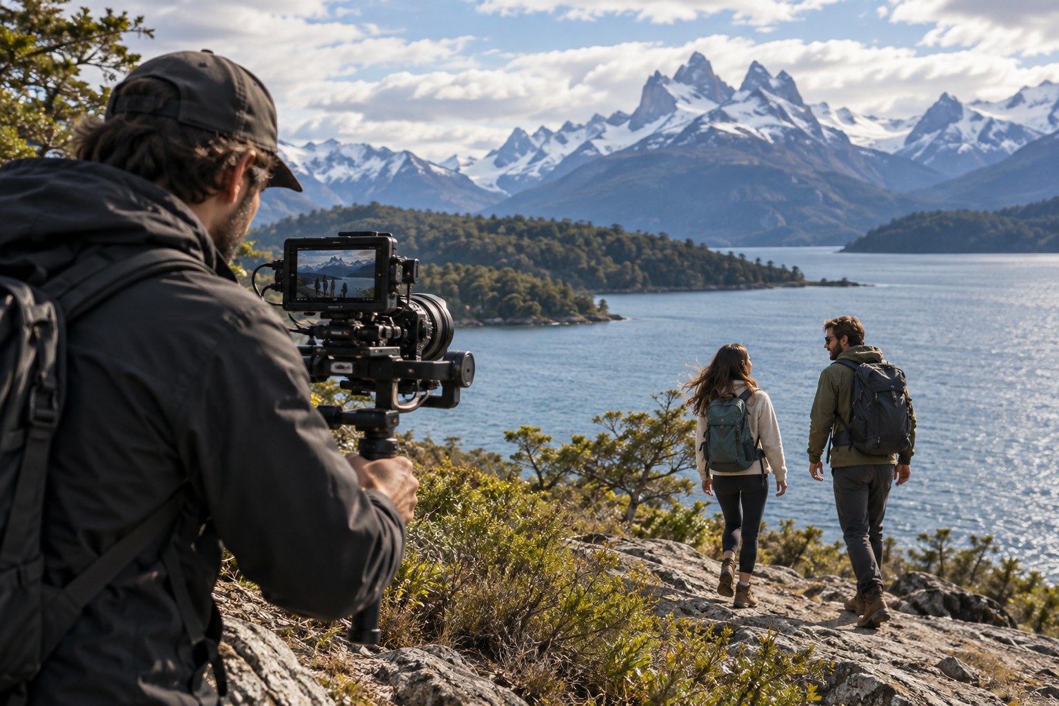 Camarógrafo filmando una experiencia turística junto a un lago en la Patagonia