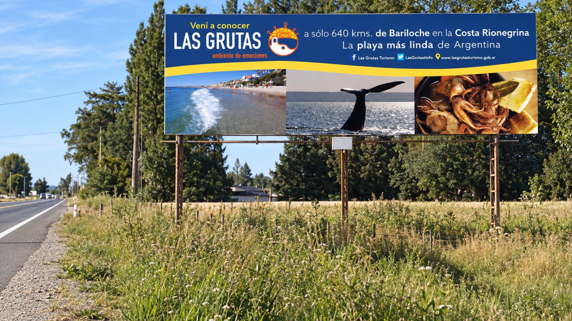 Cartel turístico de Las Grutas en la Ruta 5 Sur