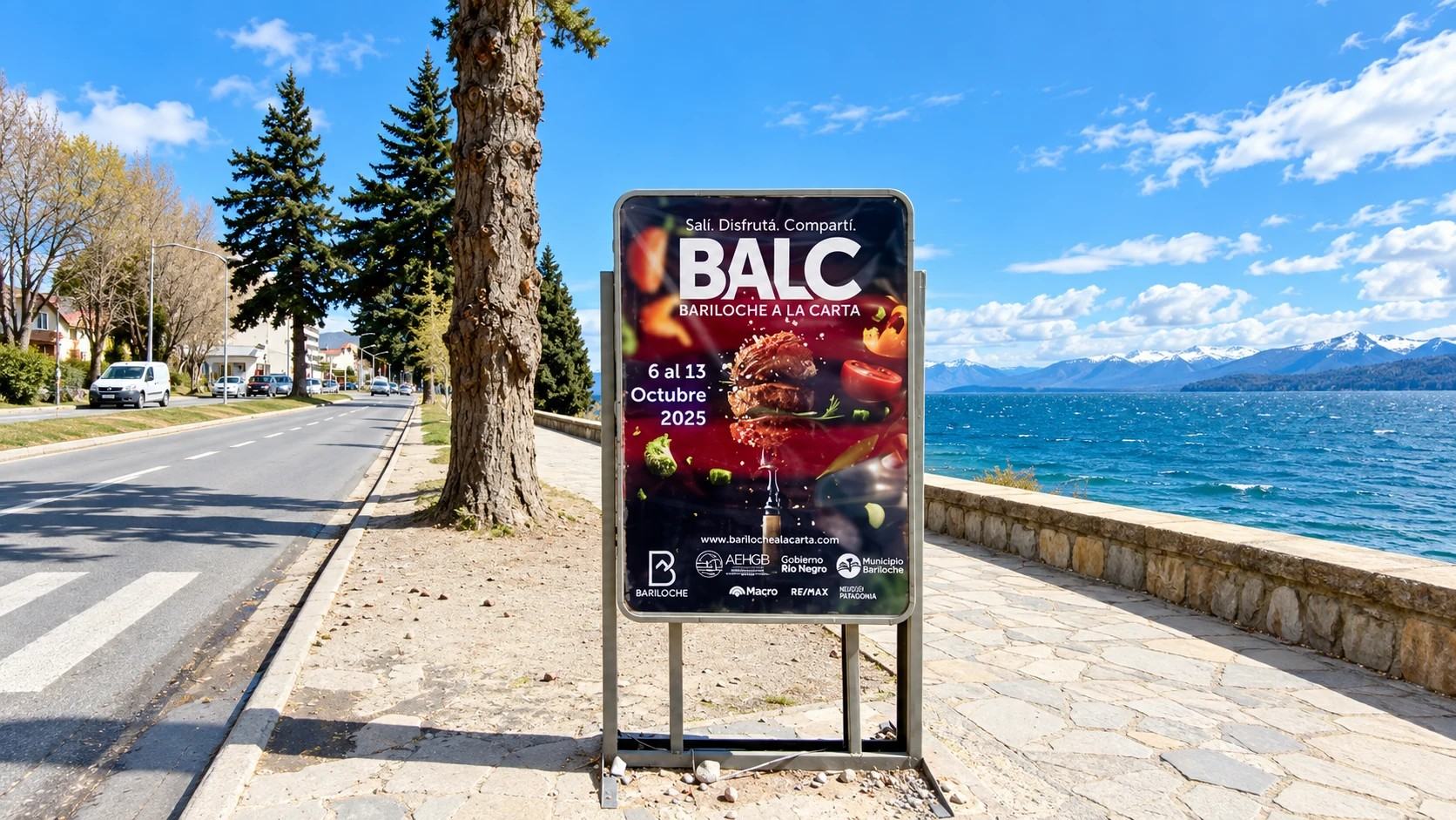 Soporte de vía pública frente al lago en Bariloche