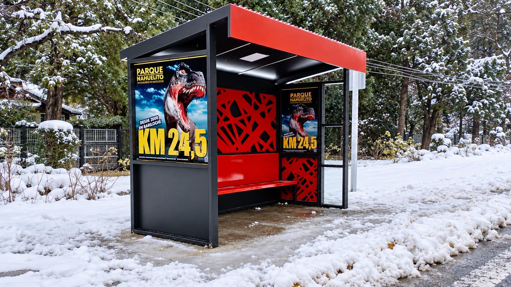 Parada de autobús con cartel publicitario cubierta de nieve en Bariloche